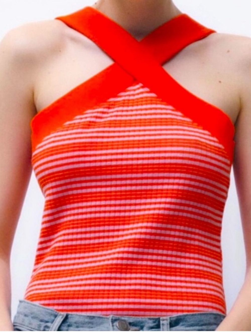 ZARA Red and Pink Striped Cross-Back Ribbed Bodysuit Size XS